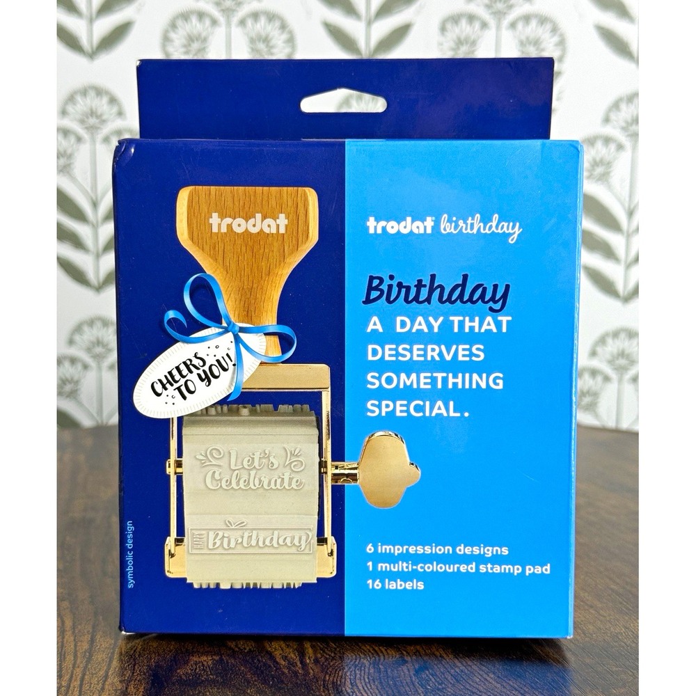Trodat Birthday Roller Stamp Set 6 Messages Multi-Colored Pad with Labels New